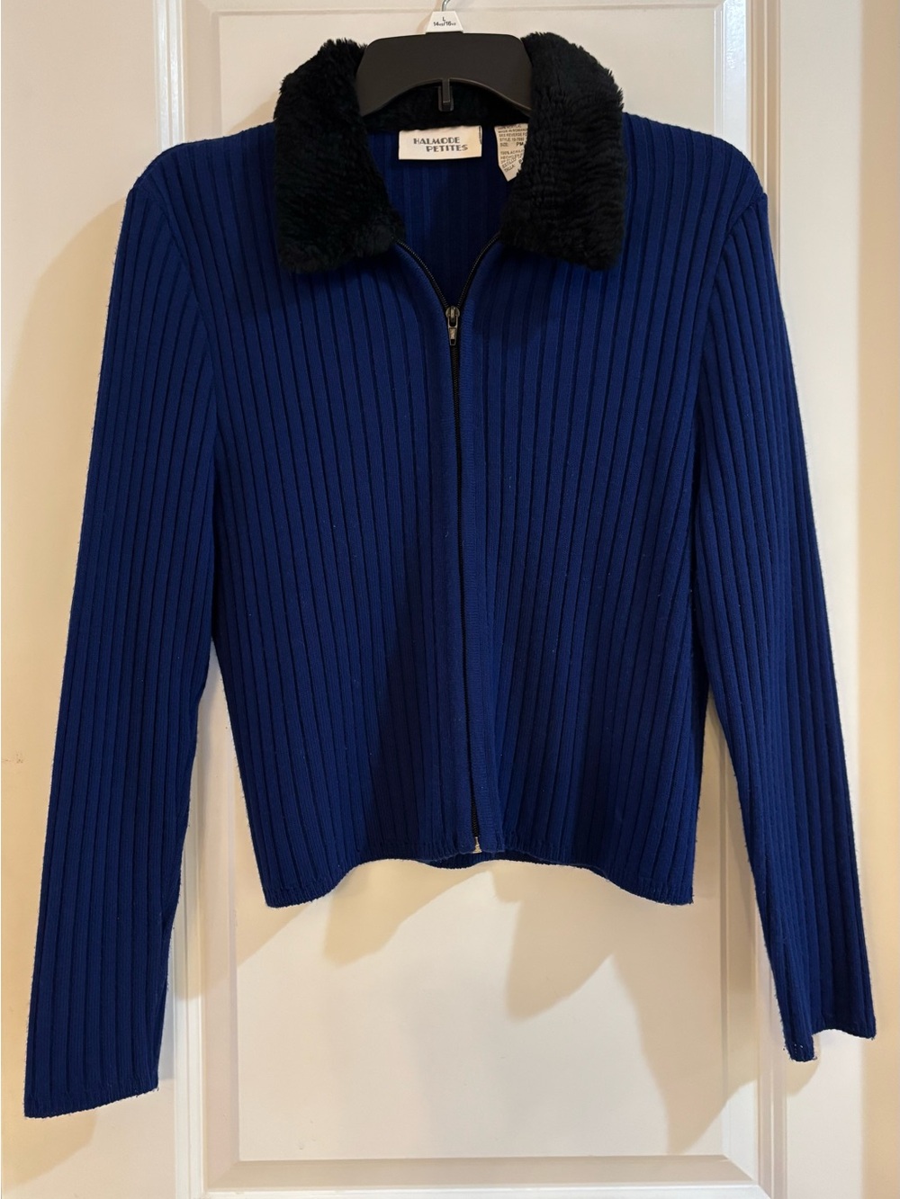 Halmode Petites Royal Blue Ribbed Zip Jacket with Black Faux-Fur Collar